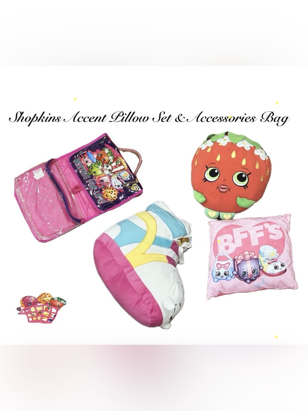 Shopkins Plush Accent Pillow Set & Bags EUC